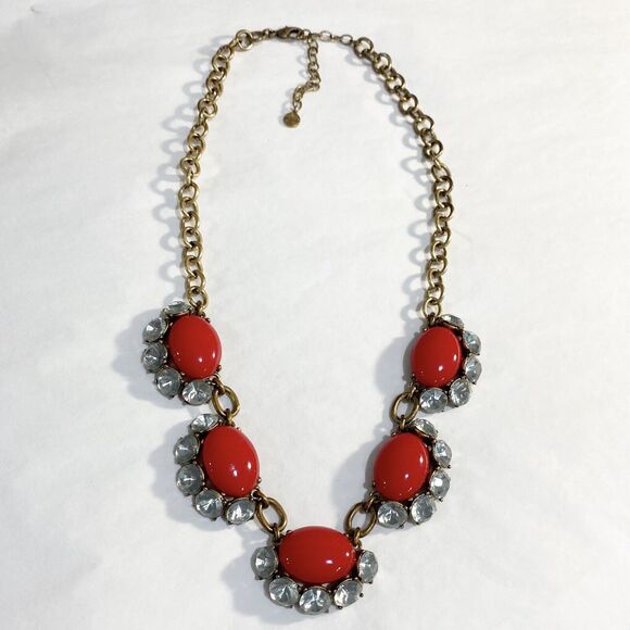 Stella & Dot Mae Gold Chain Necklace Red Beads & Light Blue Rhinestones Collar - Picture 3 of 6